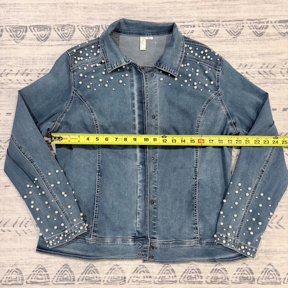 Glam Vintage Pearl Chic Denim Jean Stretchy Jacket Feminine Western Y2K Large - Picture 12 of 15
